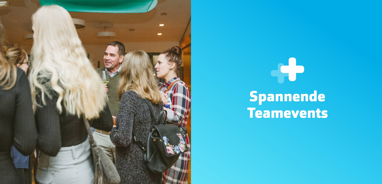 h2_Arbeitgeber_teaser_01.jpg Zweigeteilte Grafik. auf der linken Seite eine Gruppe Hochzwei Angesteller auf einem Event, auf der rechten Seite 'Spannende Teamevents'