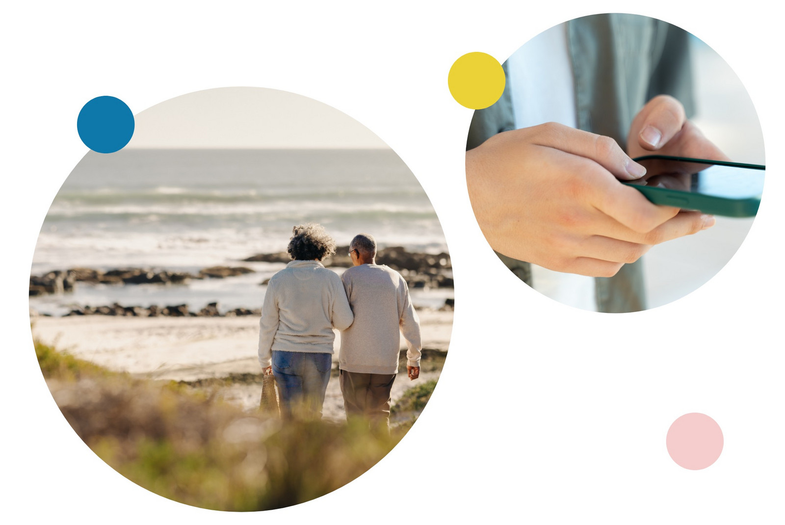 h2_upt_teaser_02.jpg Grafik mit zwei Fotos in Kreisen. Das eine zeigt ein Paar am Strand, das andere Hände, die ein Smartphone halten.