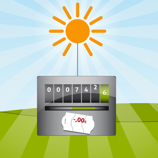 Illustrierter grauer Stromzähler mit einer großen Sonne drüber
