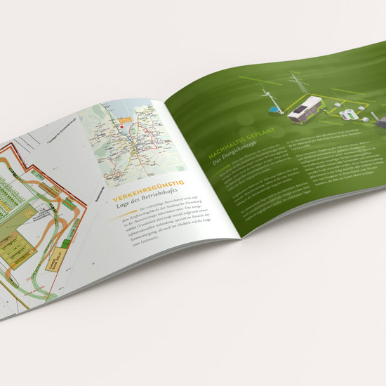 Offene Broschüre für AktivBus zeigt Planung und Verortung des Betriebshofes