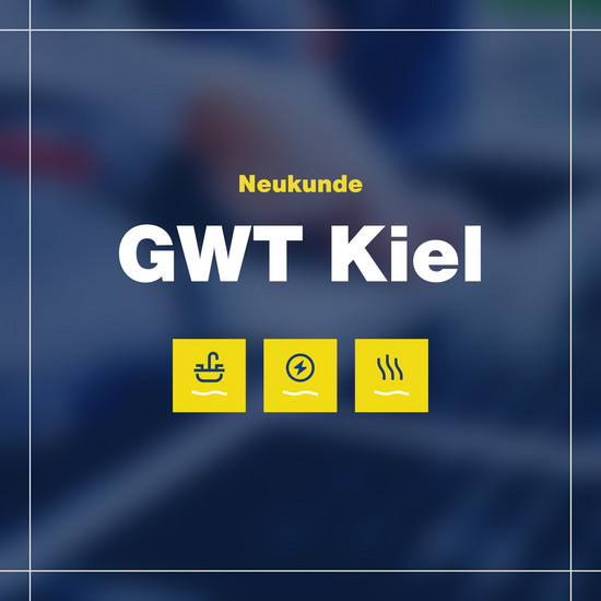 Dunkelblaue Grafik mit dem Schriftzug Neukunde GWT Kiel