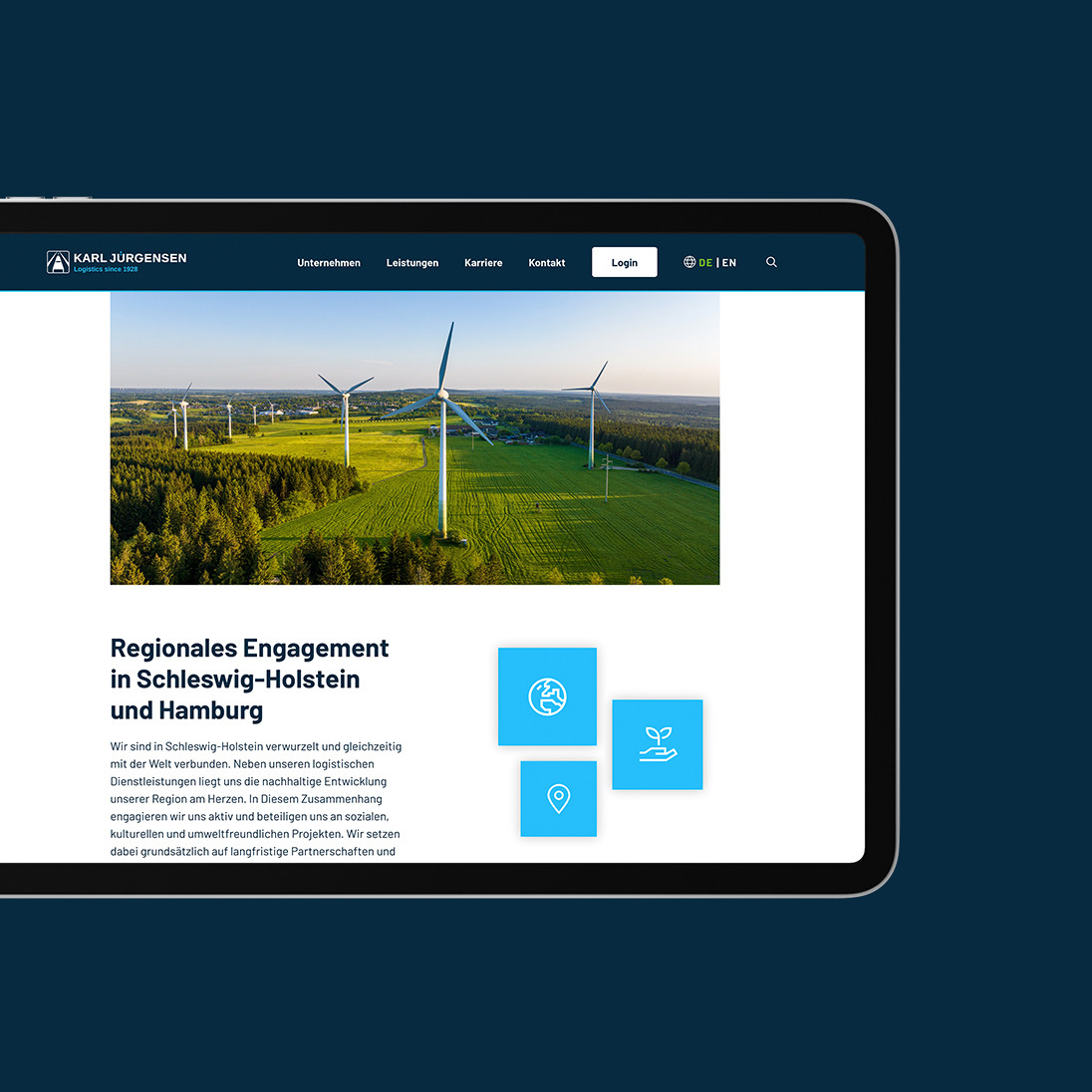 Ein Tablet mit der neuen Karl Jürgensen Webseite.