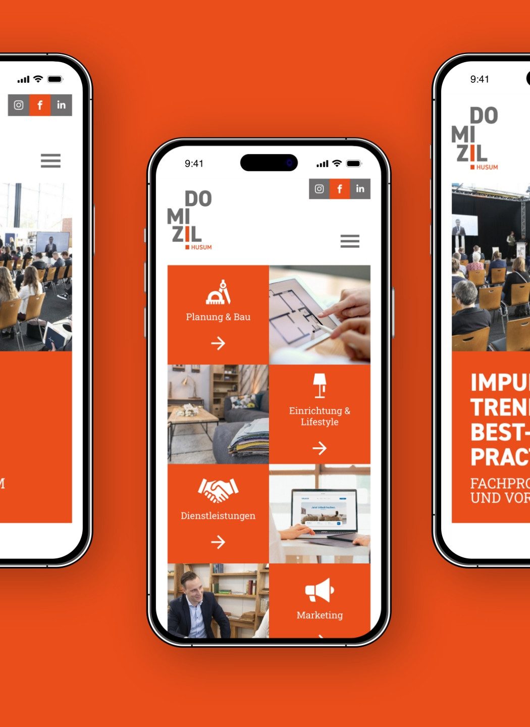 h2_domizil_teaser_10.jpg Zu sehen sind drei Handys, die die mobile Ansicht der Domizil Husum-Website zeigen.