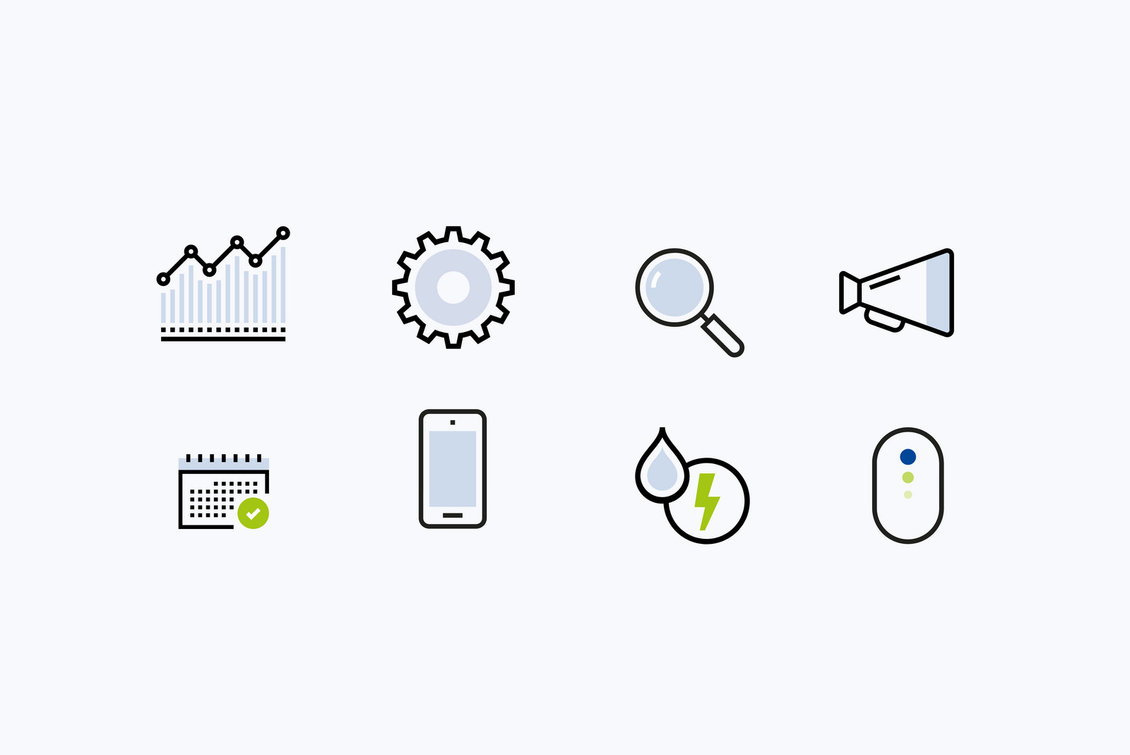 hochzwei_egeb_teaser_gross_01.jpg Acht schwarze Icons: Kurvendiagramm, Zahnrad, Lupe, Megaphon, Kalender, Smartphone, Strom