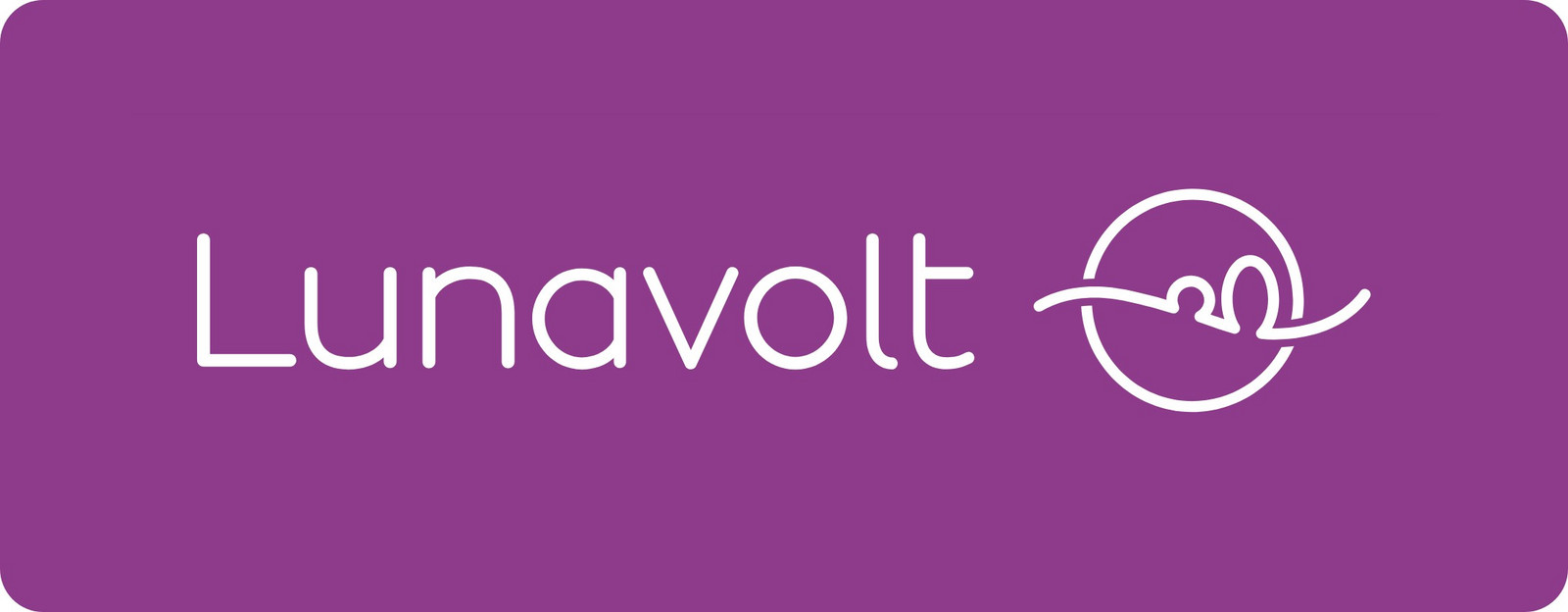 Weißes Lunavolt Logo mit der Aufschrift Lunavolt auf einem lilanem Hintergrund