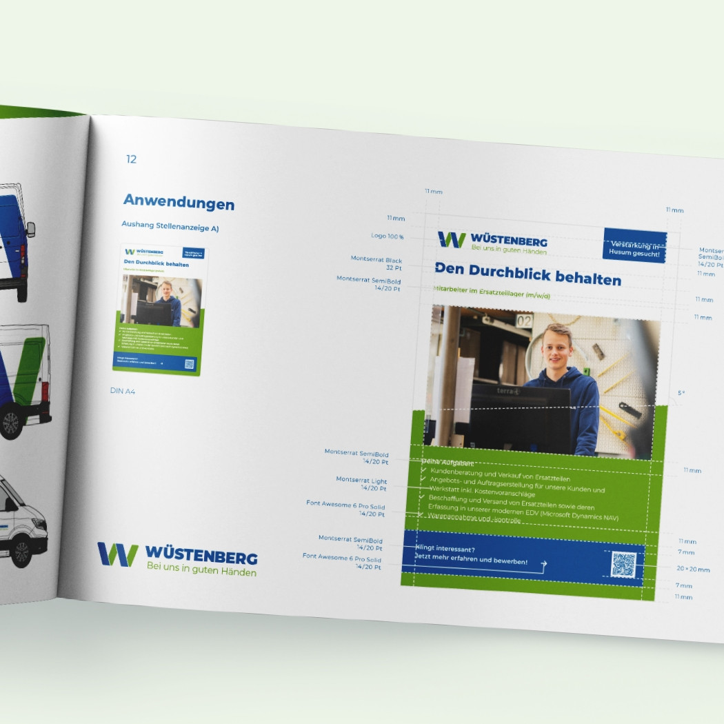 Flyer der Firma Wüstenberg mit Informationen über das Unternehmen und Farbakzenten in grün und blau