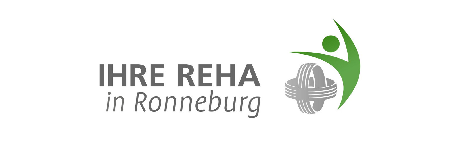 Schriftzug Ihre Reha in Ronneburg und das Logo der Klinik, das ganzheitliche Betreuung symbolisiert mit einem abstrakten grünen Männchen, dass seine Hände über eine Figur aus zwei sich überschneidenen Ringen, die ein Kreuz darstellen legt.