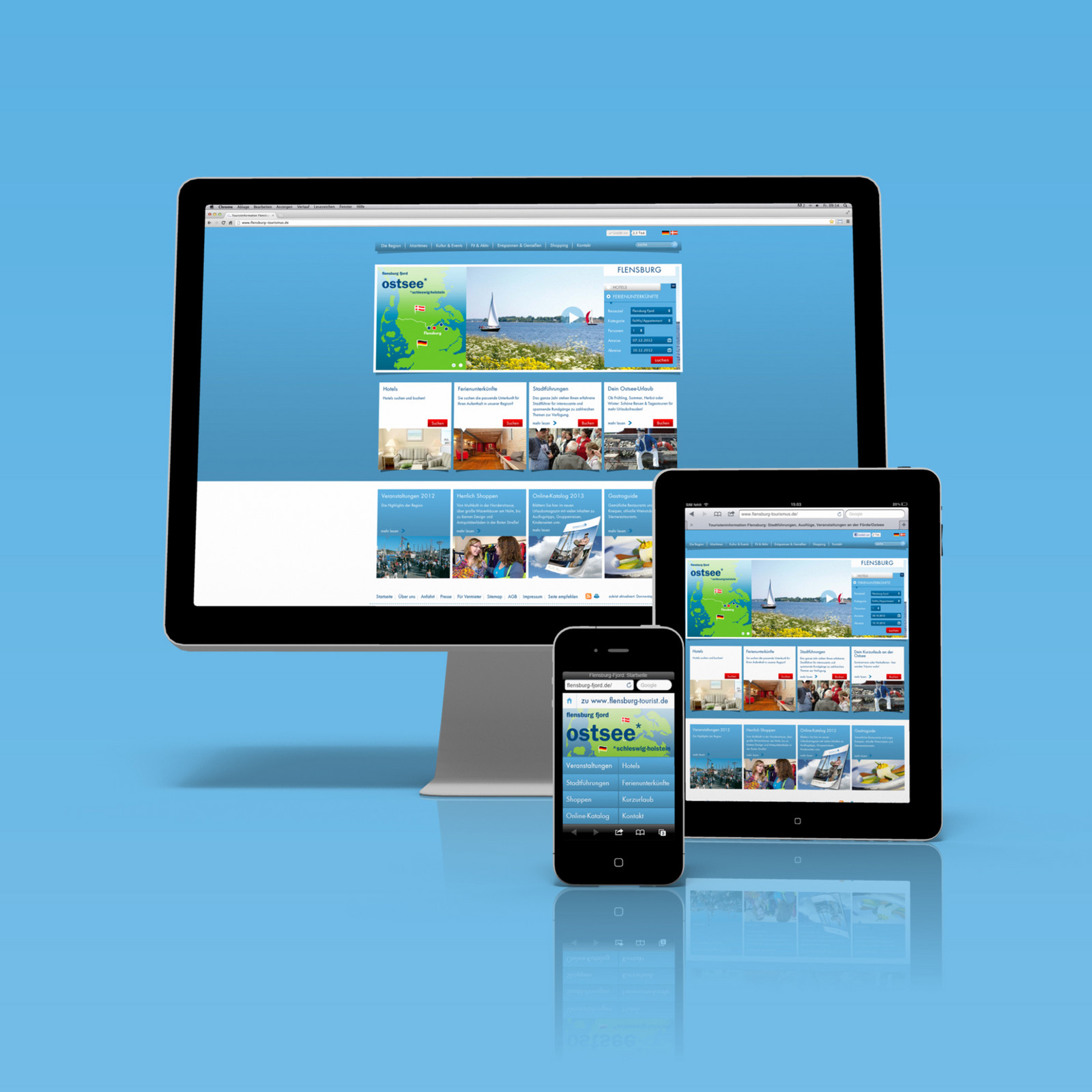 hochzwei_ffto_teaser_06.jpg Endgeräte zeigen blaue Website flensburg-fjord.de vor blauem Hintergrund
