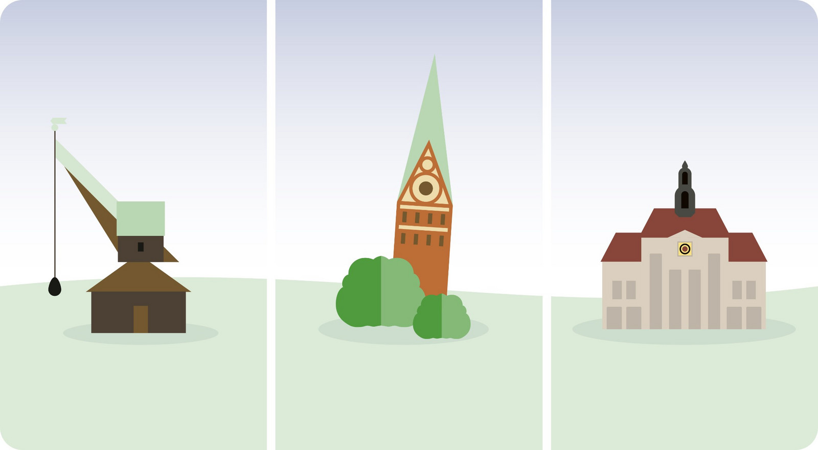 Drei Spalten mit drei verschiedenen Kirchen