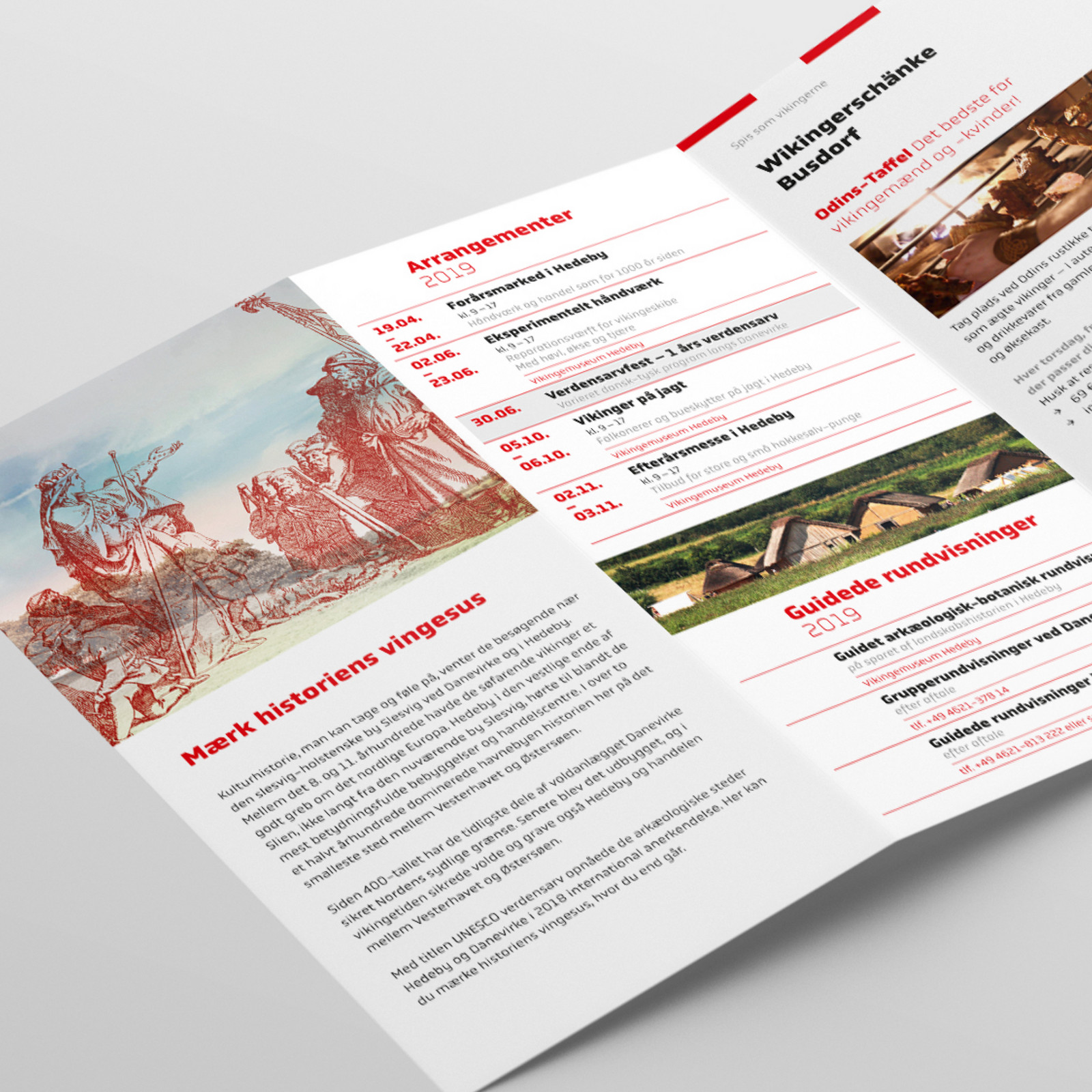 hochzwei_osfs_teaser_02.jpg Aufgeschlagene Innenseite einer dänischen Broschüre über das Haithabu-Museum