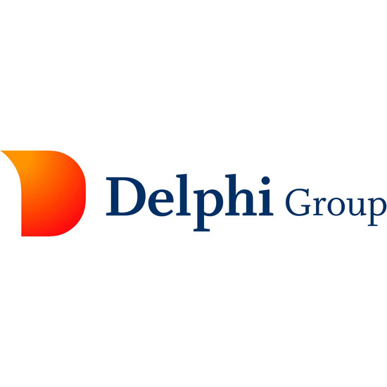 Moderner Webauftritt für HR-Unternehmen Logo der Delphi Group in blauer Schrift und orangenem stilisierten D als Icon