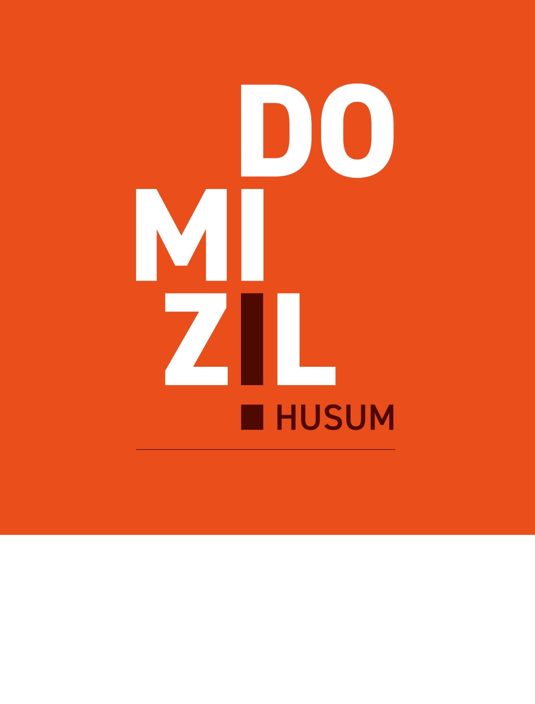 h2_domizil_teaser_01.jpg Domizil Husum Logo mit weißer Schrift und das i als dunkelrotes Ausrufezeichen. Der Hintergrund ist rot.