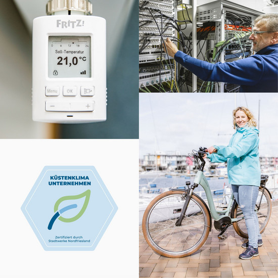 Viergeteilte Grafik. Ein digitales Thermostat einer Heizung, unser Systemadministrator Frank im Serverraum, ein sechseckiges Küstenklima Siegel mit einem grünen Blatt drauf und unsere Kollegin Rebecca an der Flensburger Förde mit ihrem Fahrrad.