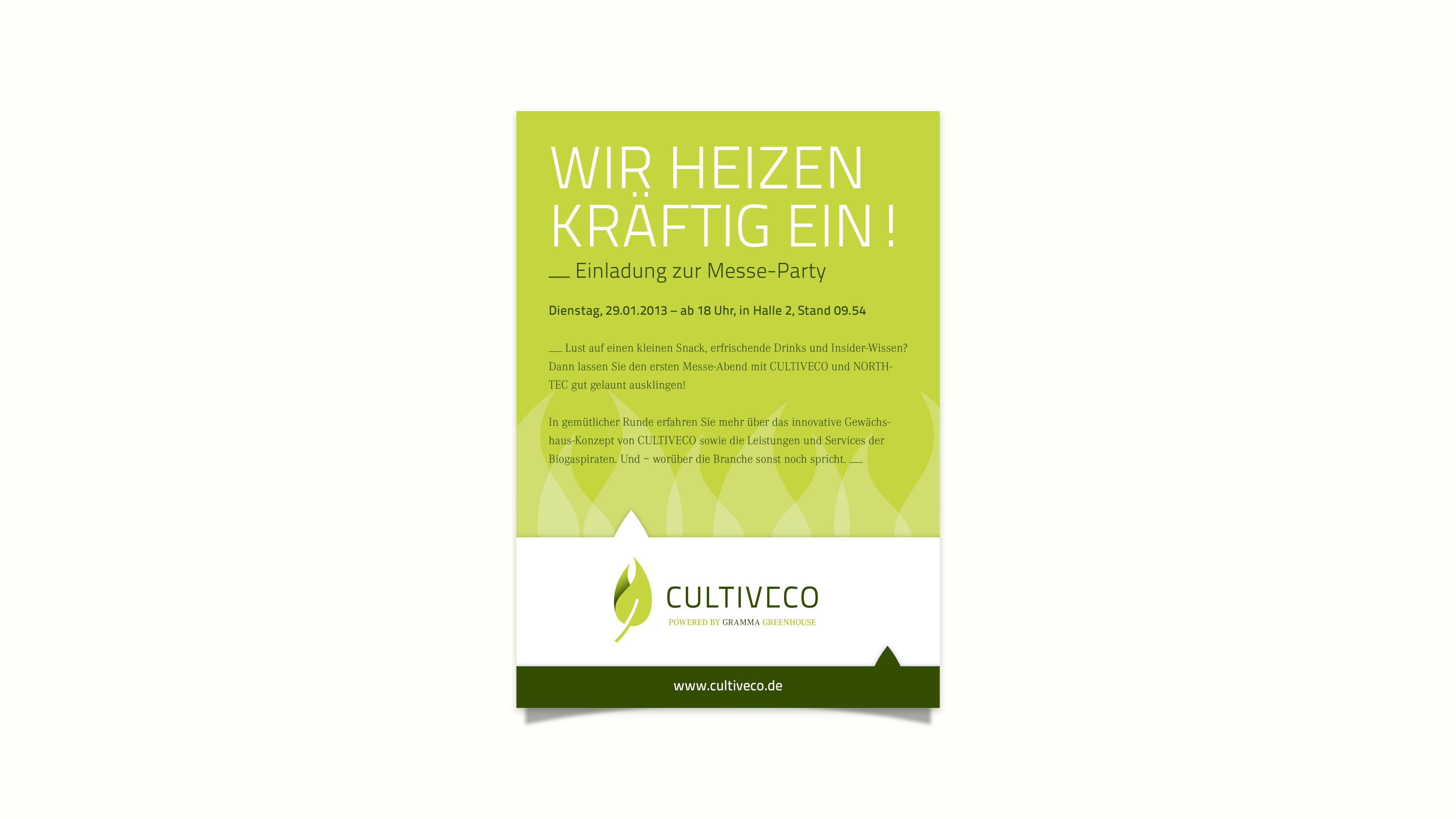 Grüne Einladungskarte von cultiveco zur Messe-Party "Wir heizen kräftig ein!"