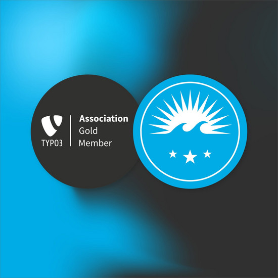 Ein rundes blaues Hochzwei Logo neben einem schwarzen Kreis in dem sich das Typo3 Logo befindet