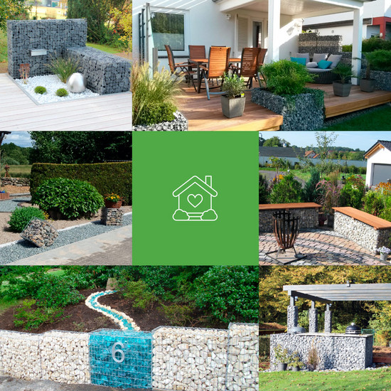 Bildercollage von Gärten mit Steinhecke
