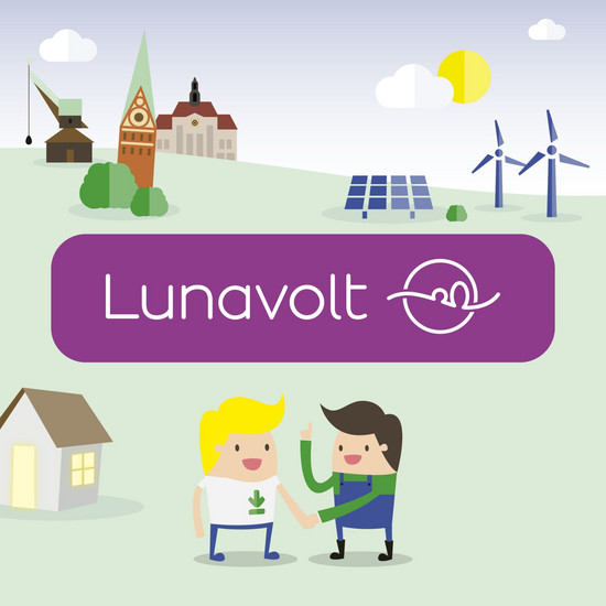 Ein weißes Schriftzug Lunavolt auf einem lilanem Hintergrund und illustrierte 