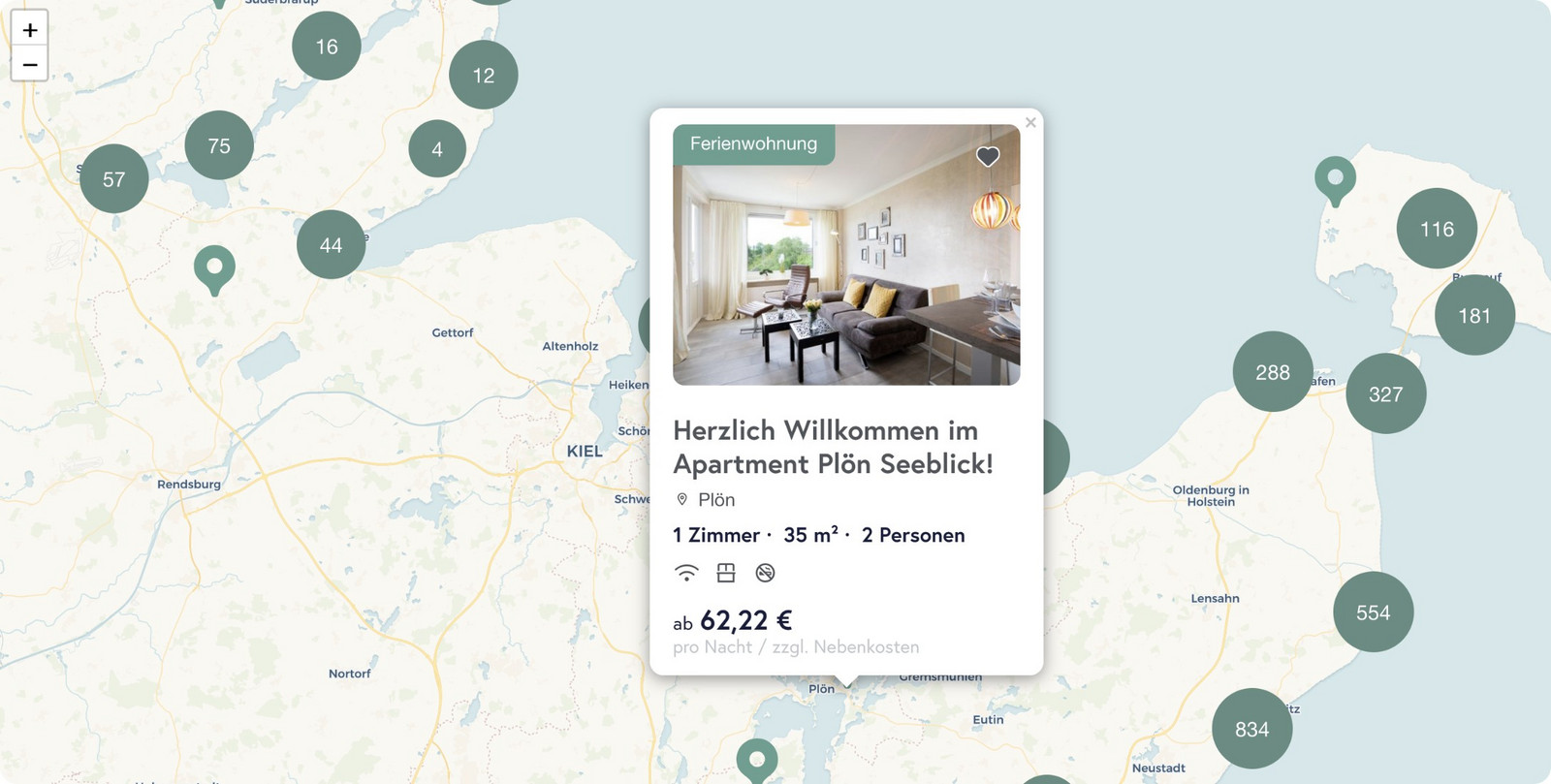 h2_upt_teaser_08.jpg Karte von Schleswig-Holstein mit Markierungen, wo Uptour Unterkünfte zu finden sind mit der beispielhaften Vergrößerung des Apartments Seeblick in Plön.