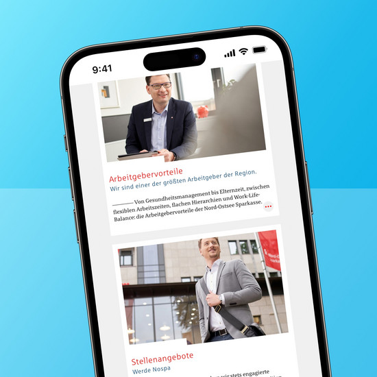 3 Gründe, warum sich guter Content lohnt Handyausschnitt auf blauer Kachel mit Contenteinblicken der NOSPA