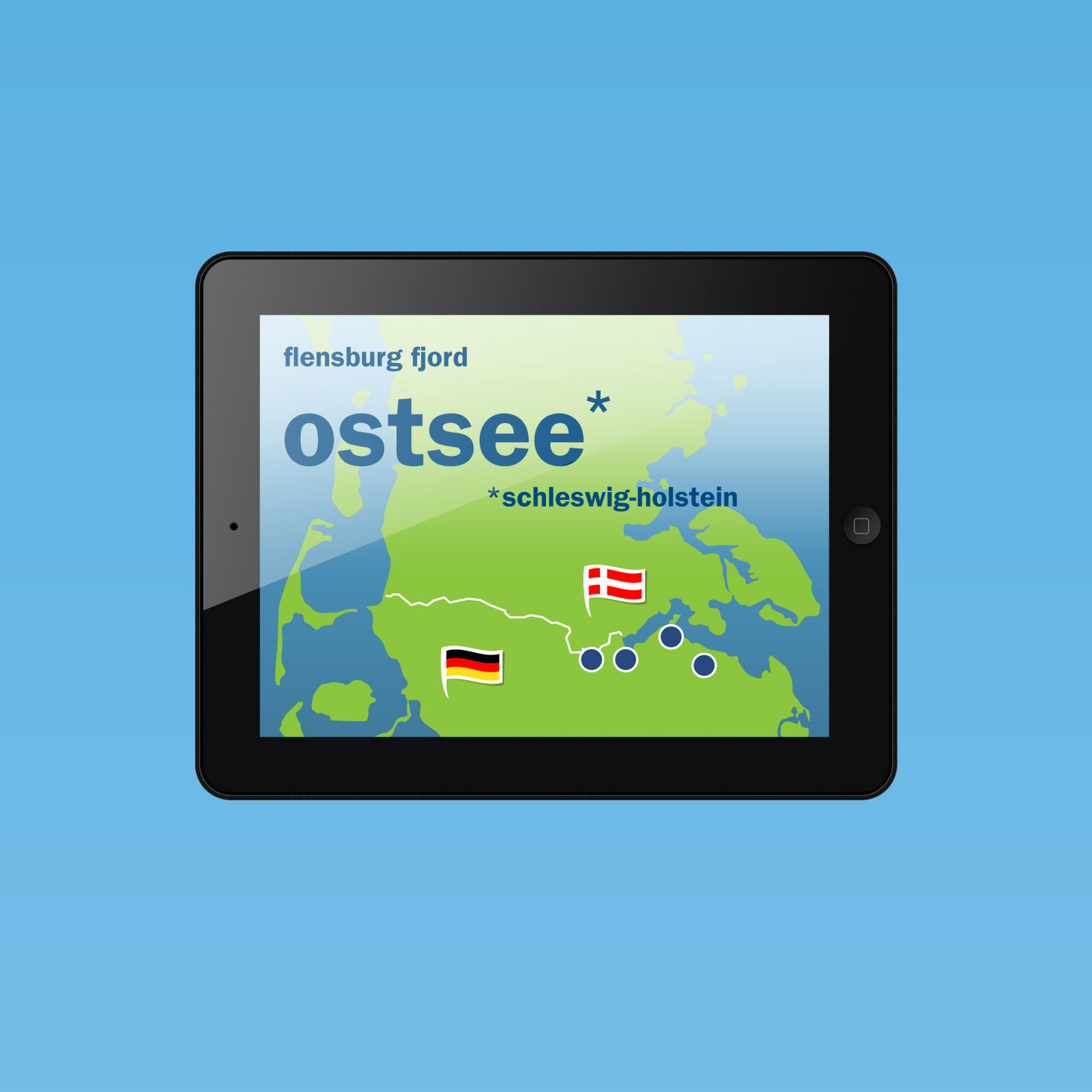 hochzwei_ffto_teaser_03.jpg Tablet zeigt Landkarte des Flensburg Fjords vor blauem Hintergrund