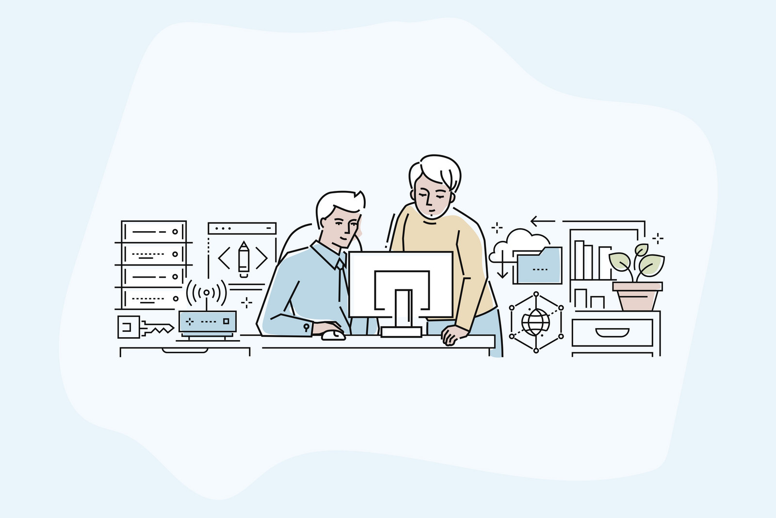 hochzwei_quadrat_teaser_gross_01.jpg Illustration zweier Personen die am Schreibtisch sitzen