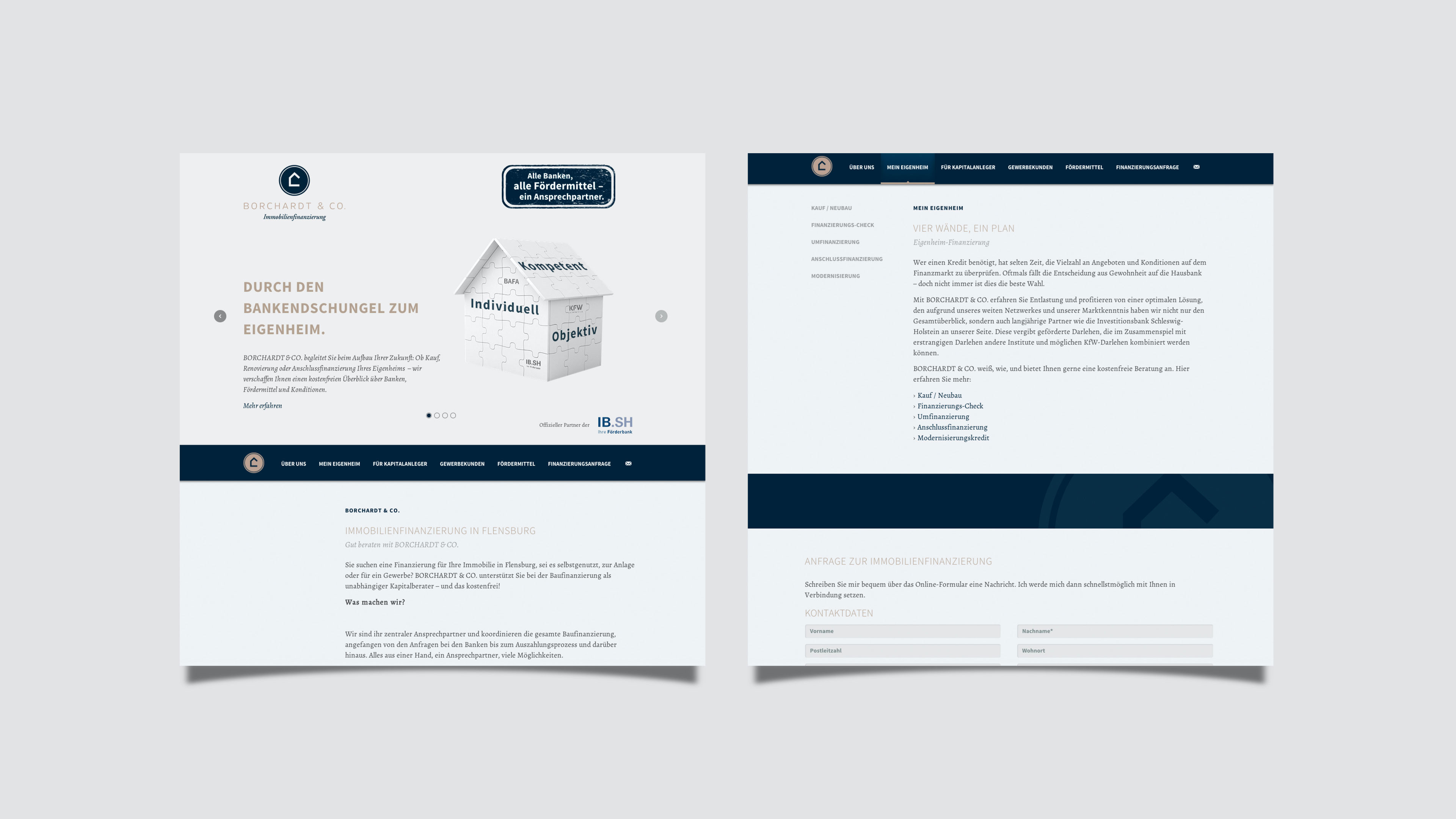 hochzwei_boko_slider_03.jpg Zwei Screenshots der weißen Website von Borchardt & Co mit blauen und beigefarbenen Elementen
