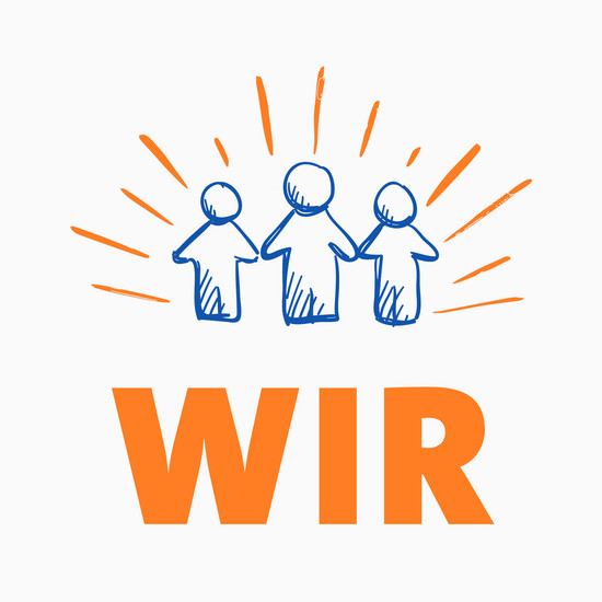 Drei gemalte Männchen stehen über einem großen Wir