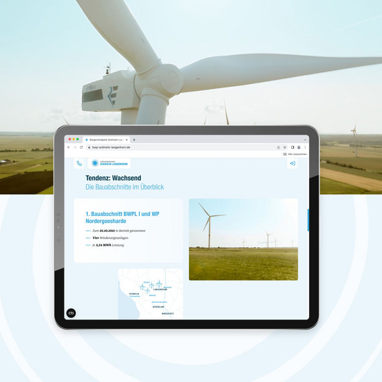 Website und Drohnenaufnahmen für Bürgerwindpark Die neue Website in der Tabletversion