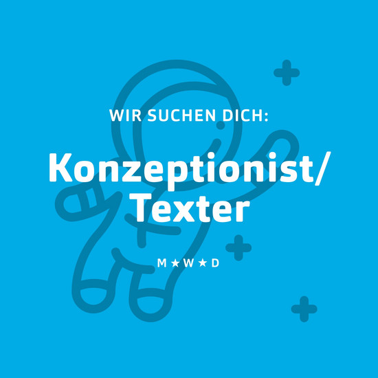 Ein blauer Hintergrund mit einem Austronauten im Hintergrund und einer weißen Beschriftung Konzeptionist/Texter