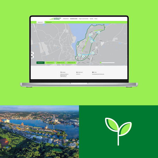 Dreigeteilte Grafik. Ein Laptop mit einer Baustellenkarte von Flensburg, ein Panoramafoto der Flensburger Förde und eine digitale Grafik eines hellgrünen Sprösslings mit zwei Blättern.