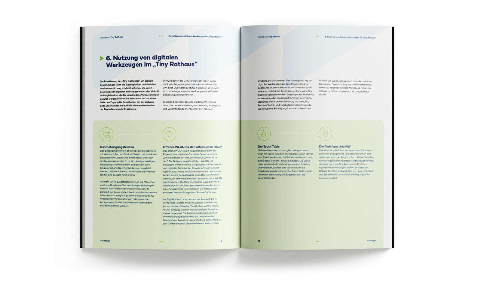 Aufgeschlagenes Handbuch mit dem Kapitel 6 Nutzung von digitalen Werkzeugen im Tiny Rathaus.