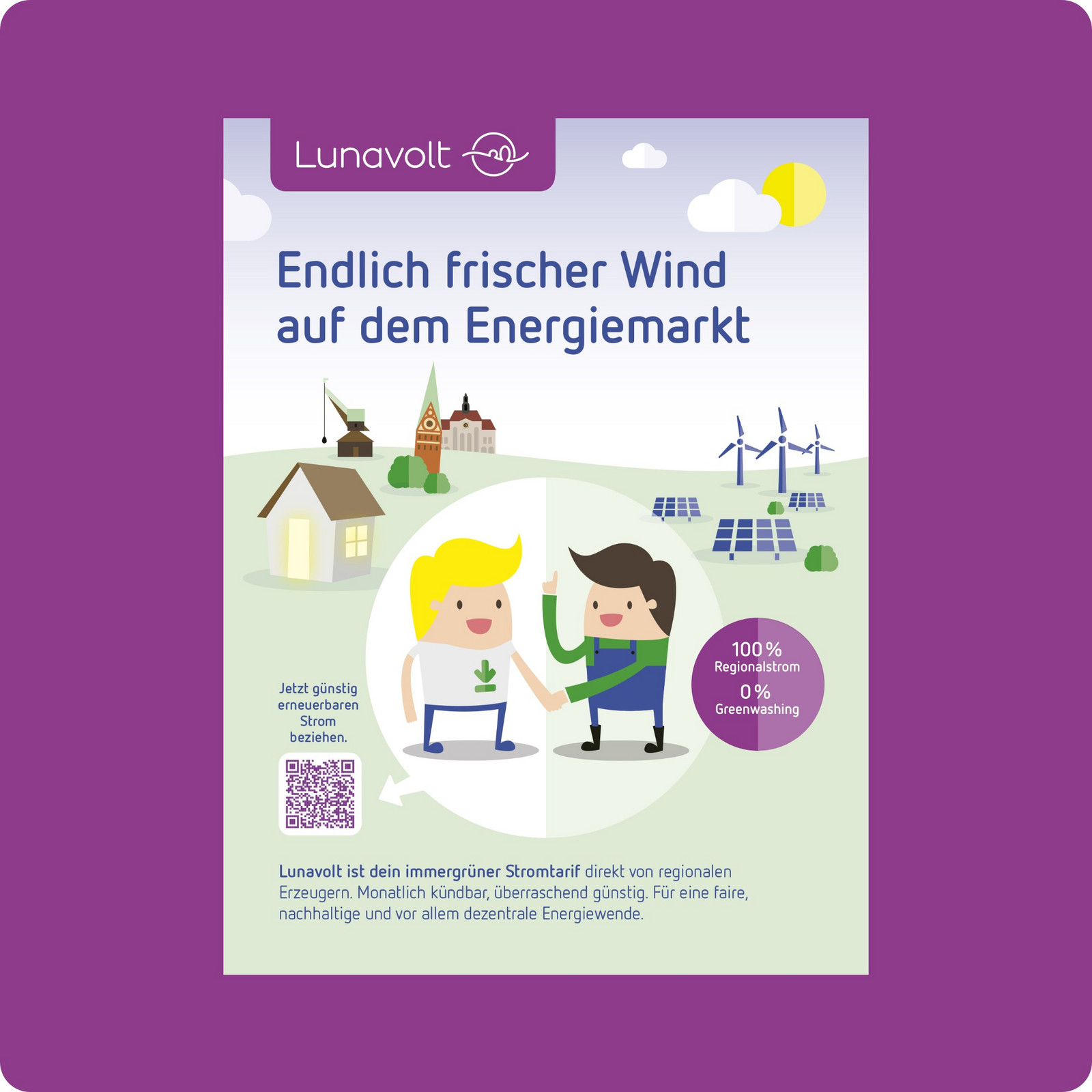 ein Männchen mit blondem Haar und ein Männchen mit braunen Haar geben sich die Hand, daneben die Aufschrift 100% Regionalstrom 0% Greenwashing