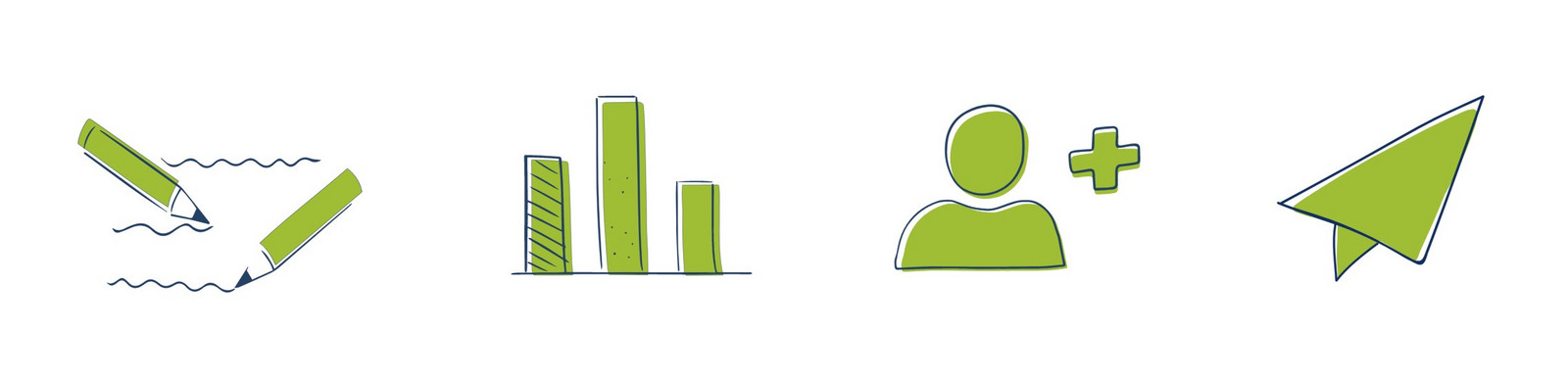 Vier Grafiken in hellgrün. Zwei Stifte, ein Balkendiagramm, eine Person mit einem Pluszeichen daneben und ein Papierflieger.