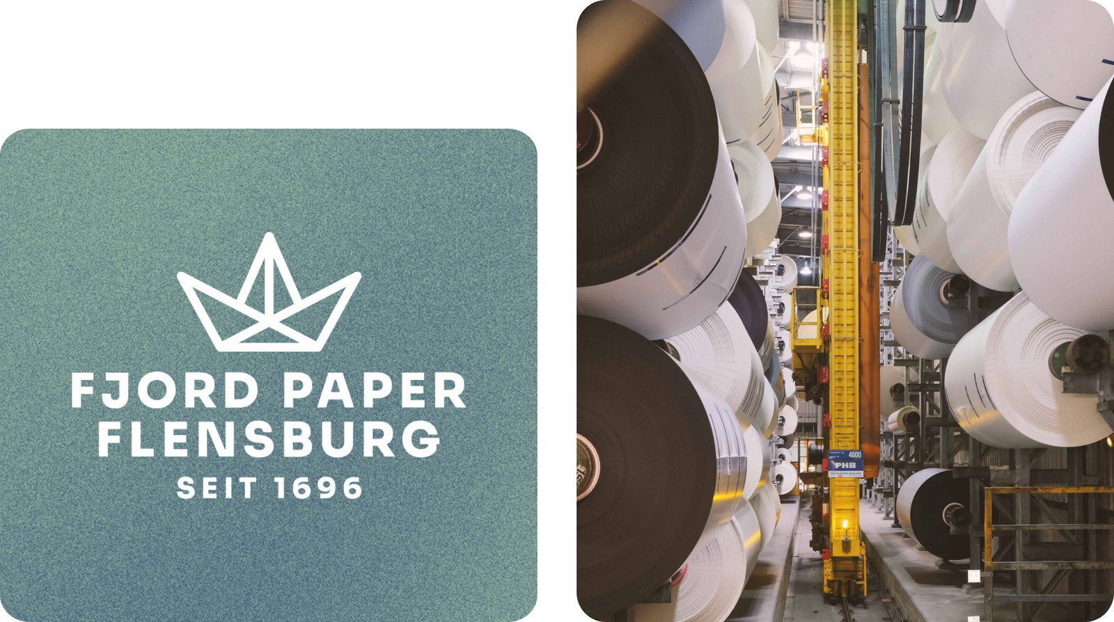Fjord Paper Flensburg seit 1696, Ansicht der Werkhalle mit sehr großen Papierrollen