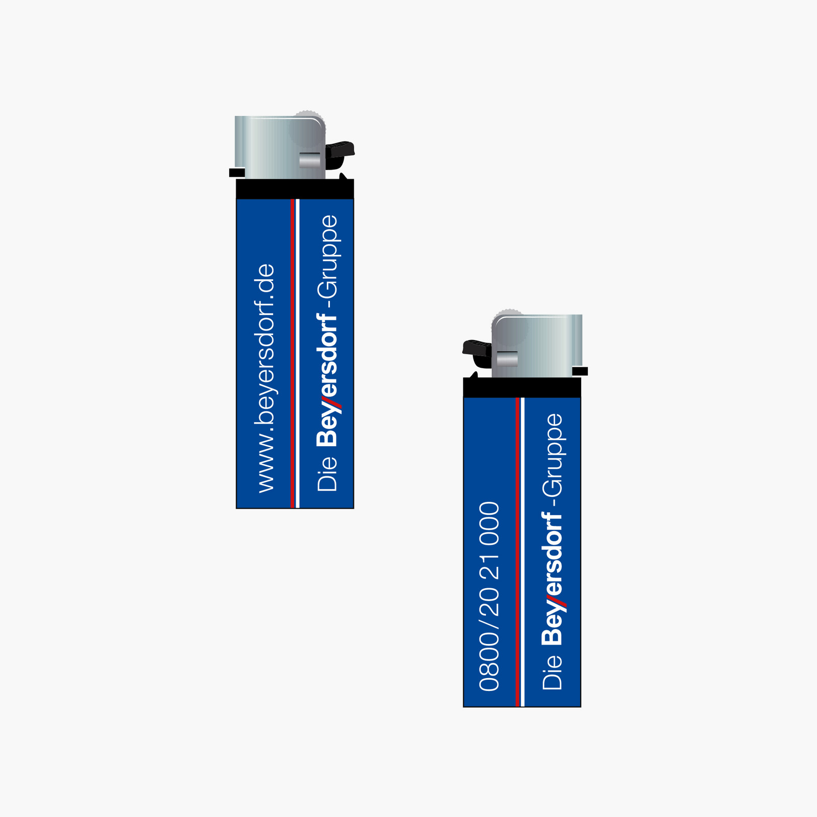 Zwei blaue Feuerzeuge mit Beyersdorf-Logo
