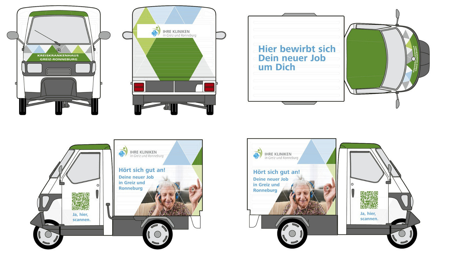 Visualisierung der neuen Fahrzeugbeschriftung des dreirädrigen Rollermobils der Klinik.