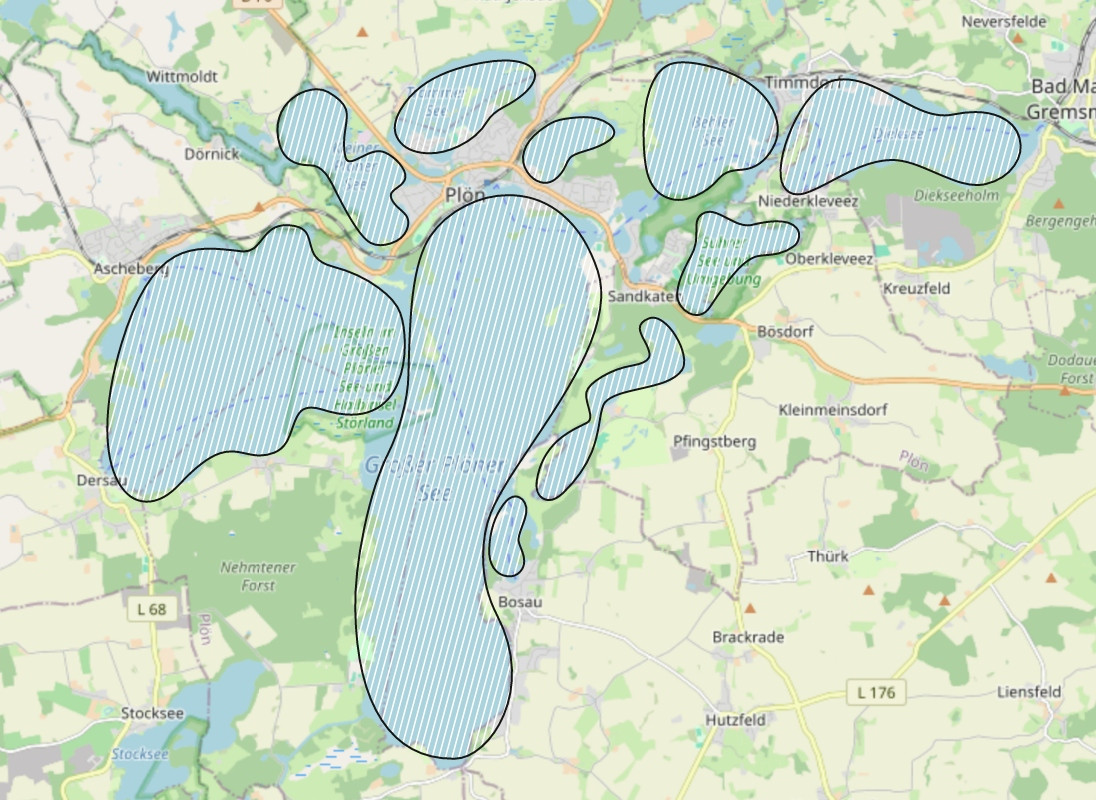 Landkartenansicht der Seen um die Stadt Plön.
