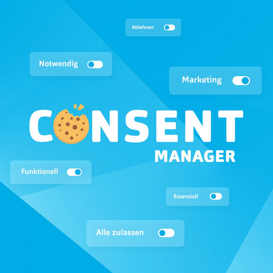 Eine blaue Grafik mit dem Schriftzug Consentmanager Das O des Wortes ist ein angebissener Keks. Drum herum stehen die Begriffe Ablehnen, Notwendig, Marketing, Funktionell, Essenziell und alle zulassen jeweils mit einem Schieberegler daneben.