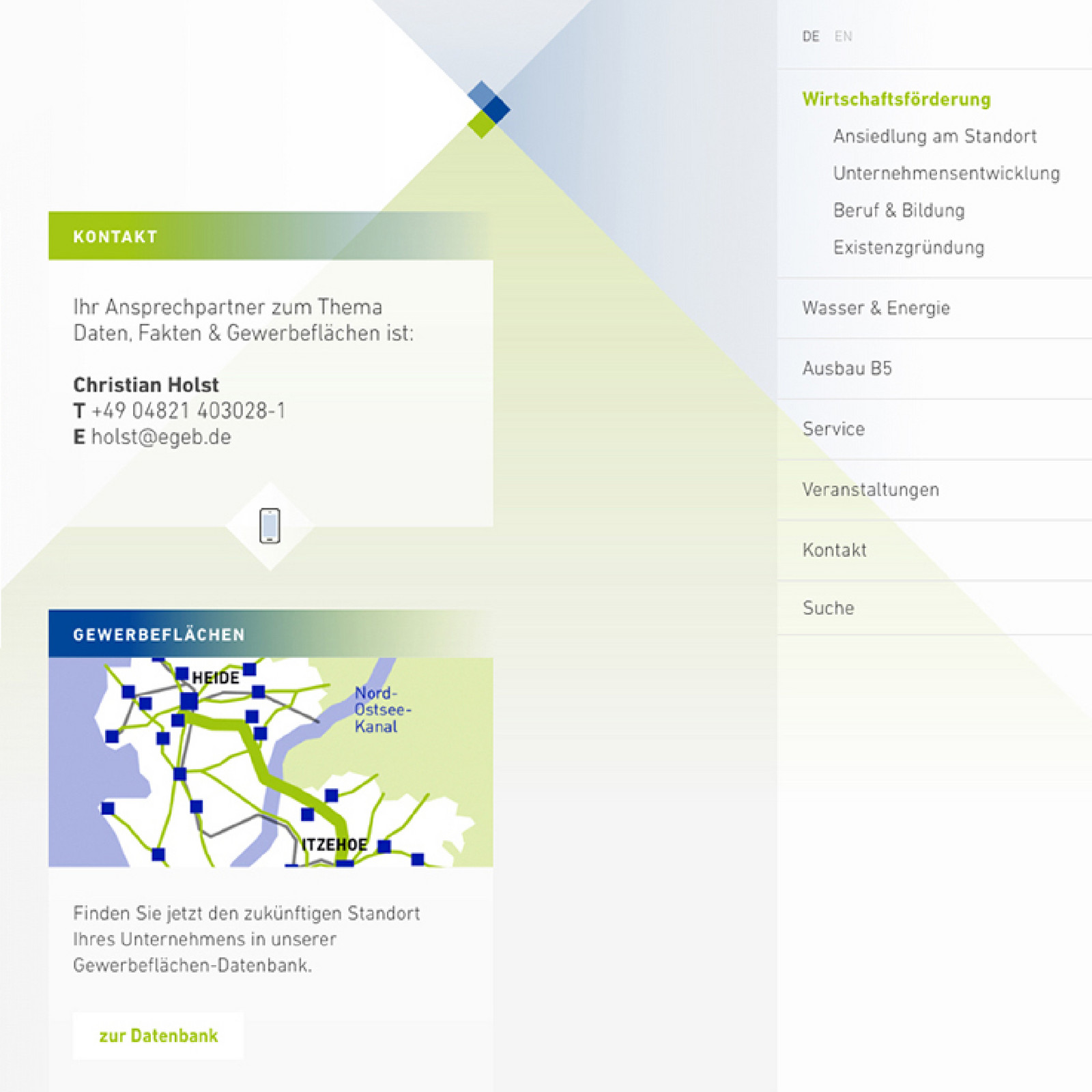 Website der Wirtschaftsförderung mit Kontaktkachel und Standorte