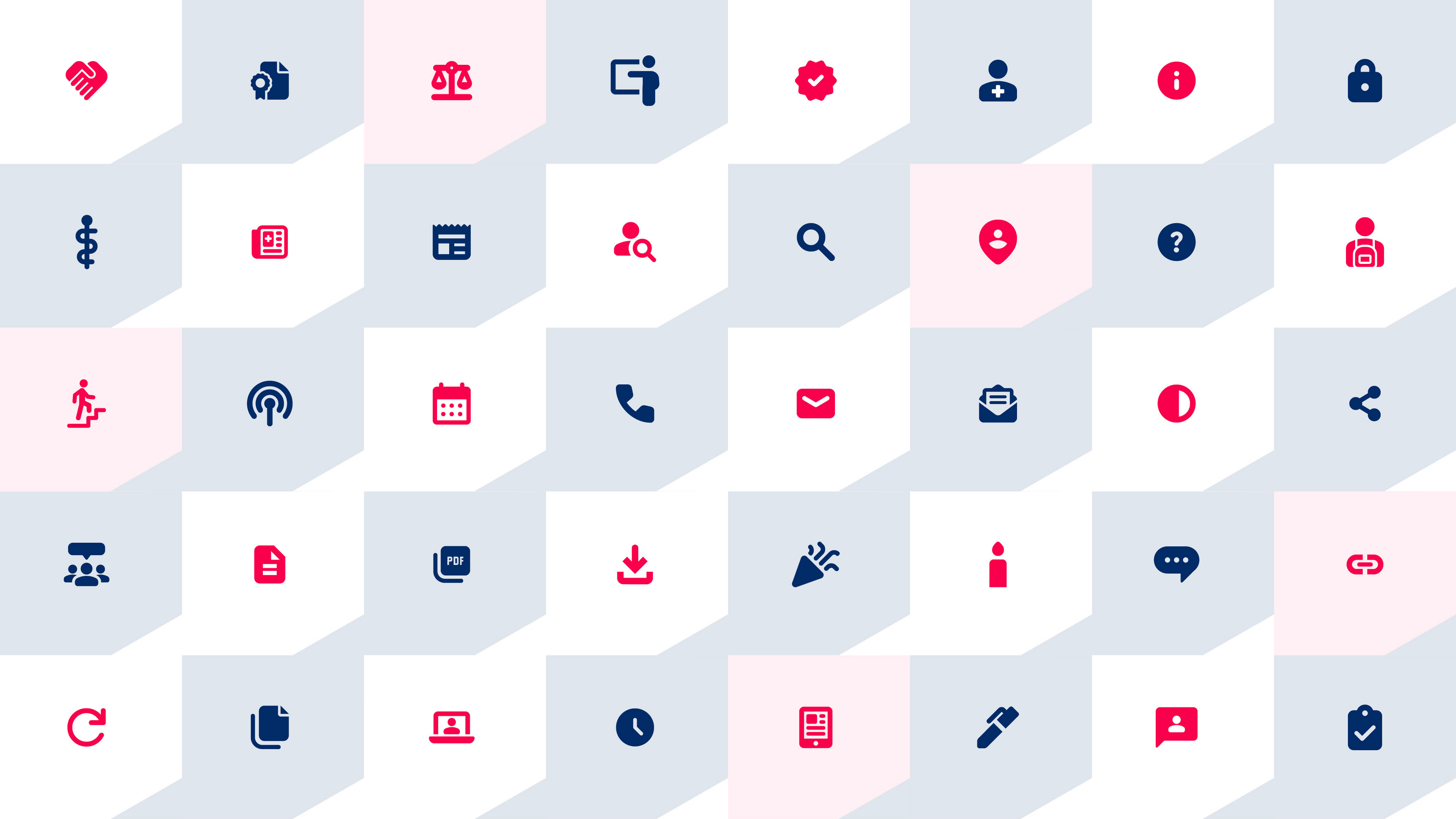 Auf der Webseite verwendete Icons in Schachbrettmuster in den Farben der Ärztekammer rot, blau und weiß.