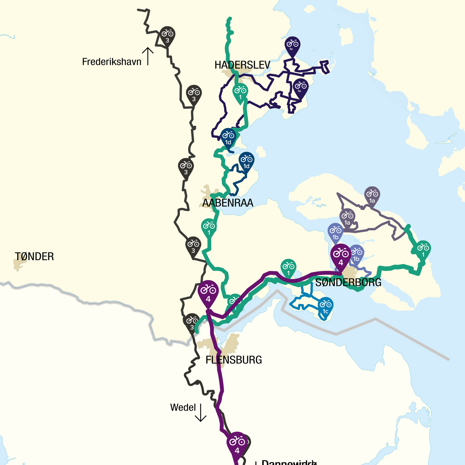 hochzwei_deso_teaser_02.jpg Landkarte mit drei markiertern Radrouten zwischen Flensburg, Sønderborg und Haderslev