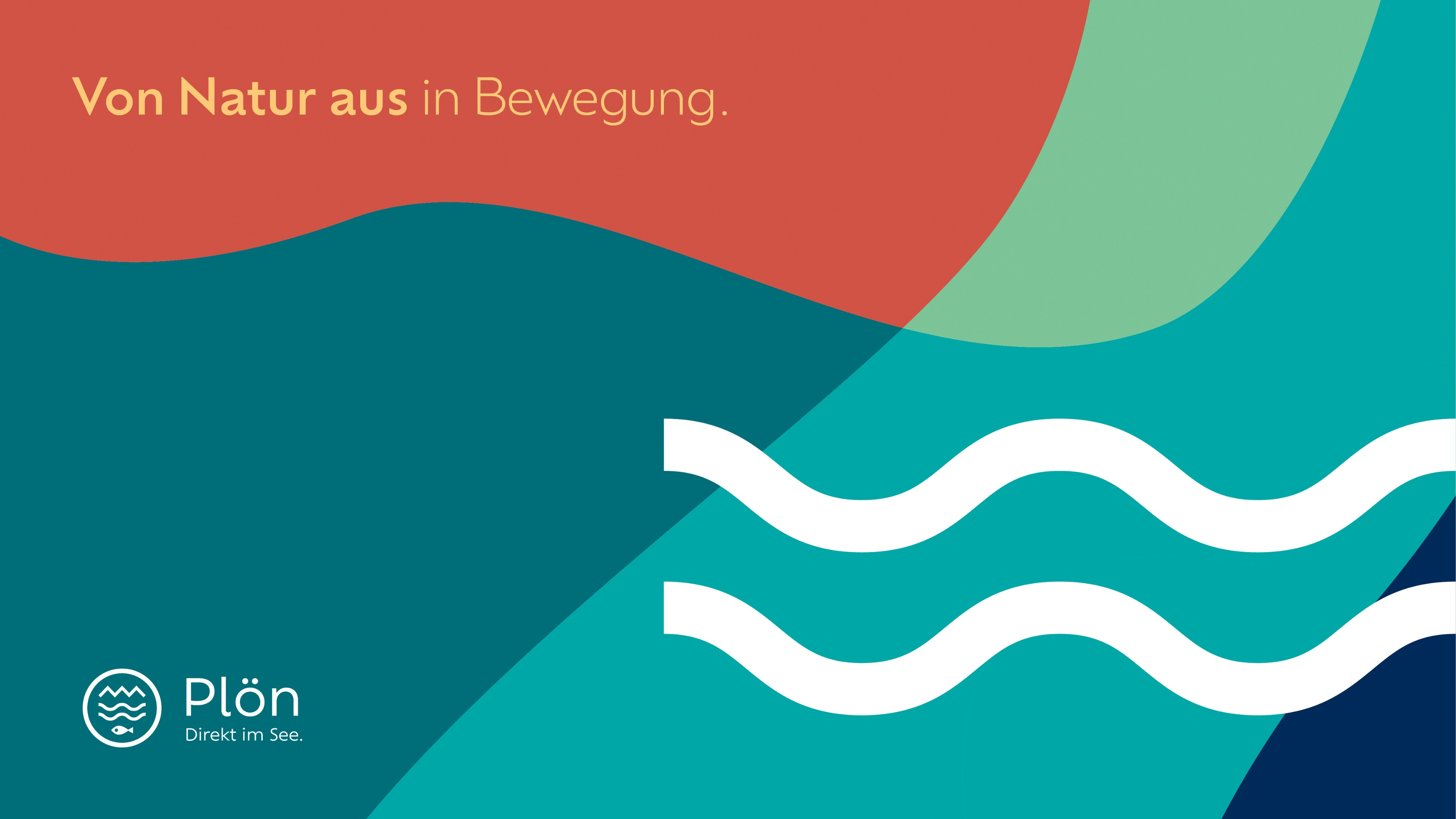 Abgebildet sind farbige Flächen in den neuen Designfarben. Drei natürliche Grüntöne, Dunkelblau und ein leichter Rotton. Zwei gewellte Linien sind rechts im Bild und links oben steht "Von Natur aus in Bewegung"