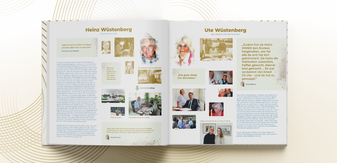 Aufgeschlagene Festschrift zeigt Doppelseite zu Heinz und Ute Wüstenberg