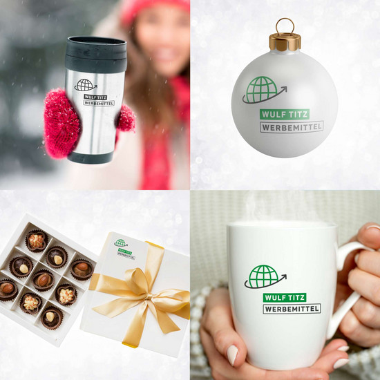 Viergeteilte Grafik. ein Thermobecher mit Wulf Titz Logo, eine Christbaumkugel mit Wulf Titz Logo, ein Kasten Pralinen mit Wulf Titz Logo und ein Kaffeebecher mit Wulf Titz Logo.