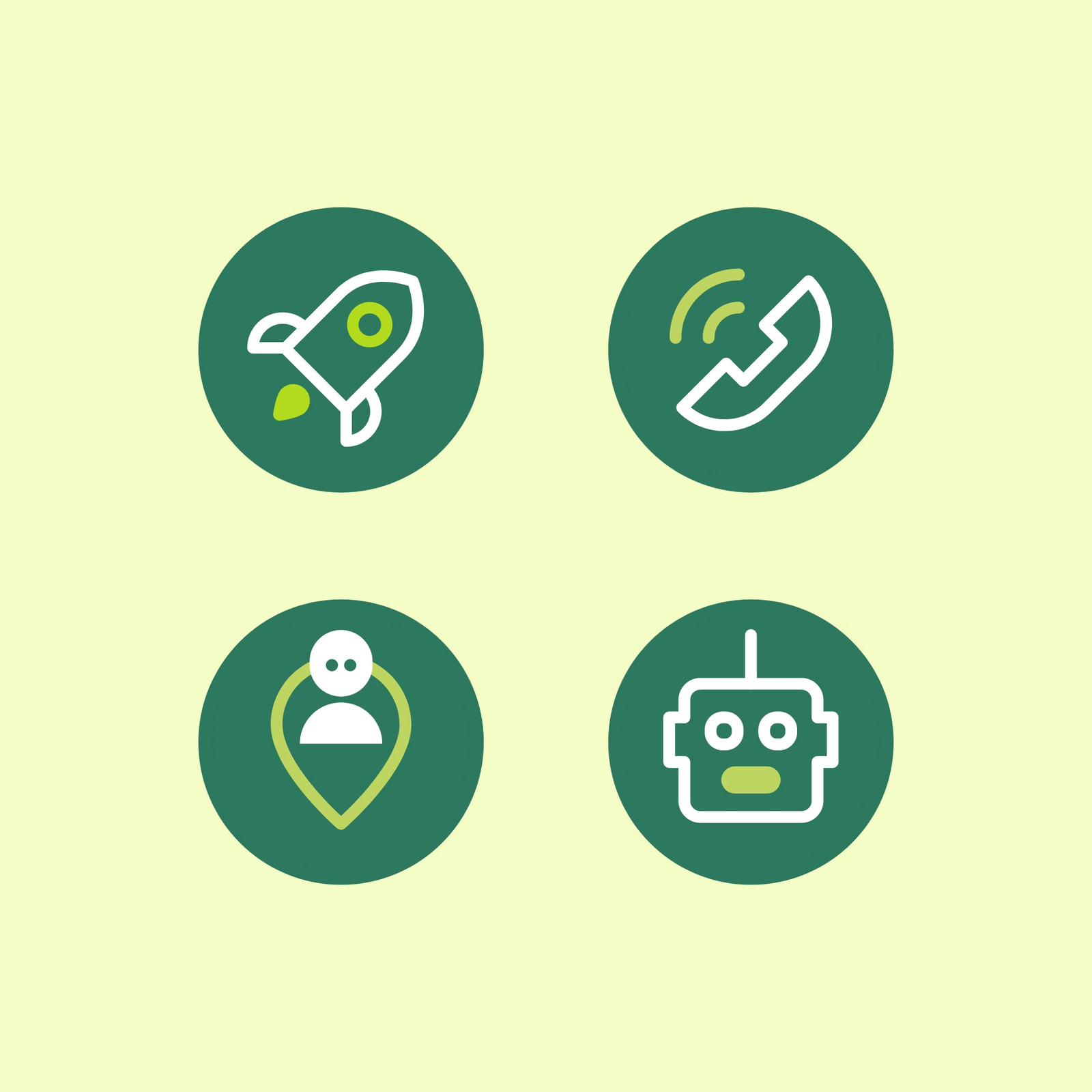 hochzwei_domcura_teaser_03.jpg Vier runde dunkelgrüne Icons hellgrünem Hintergrund: Rakete, Telefon, Verortung, Roboterkopf