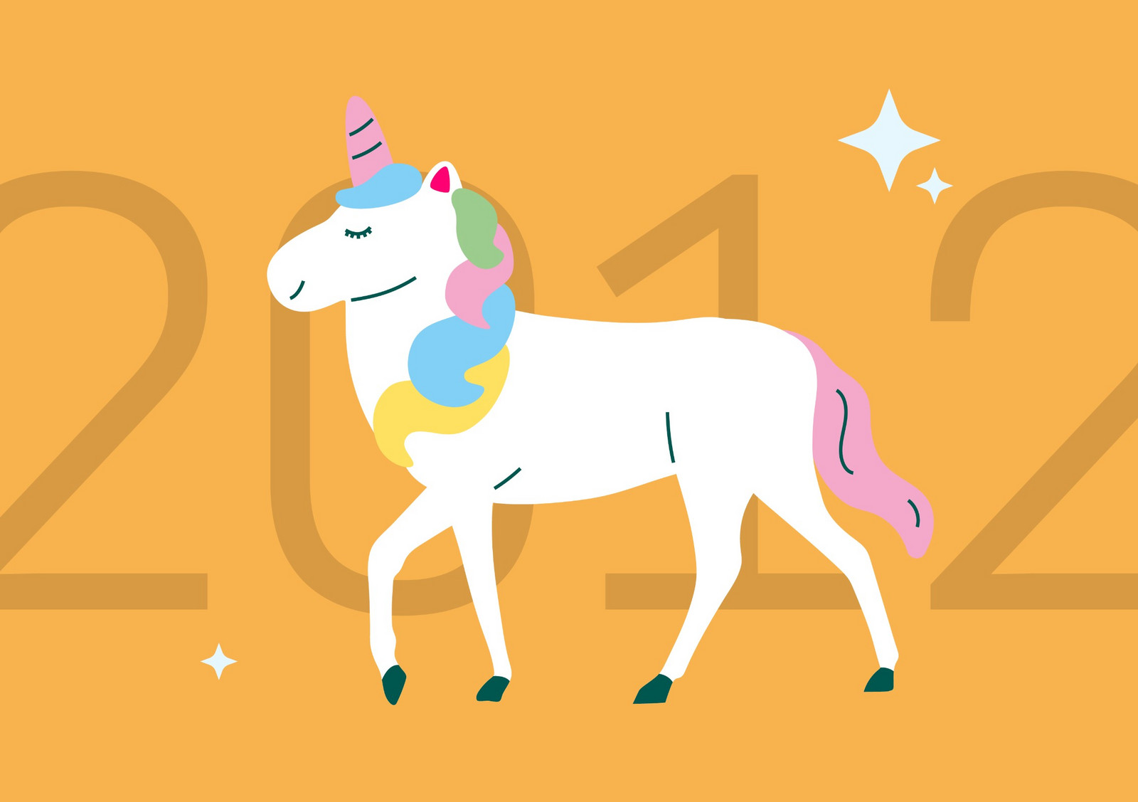 Orangener Hintergrund mit Jahreszahl 2012 und Einhorn