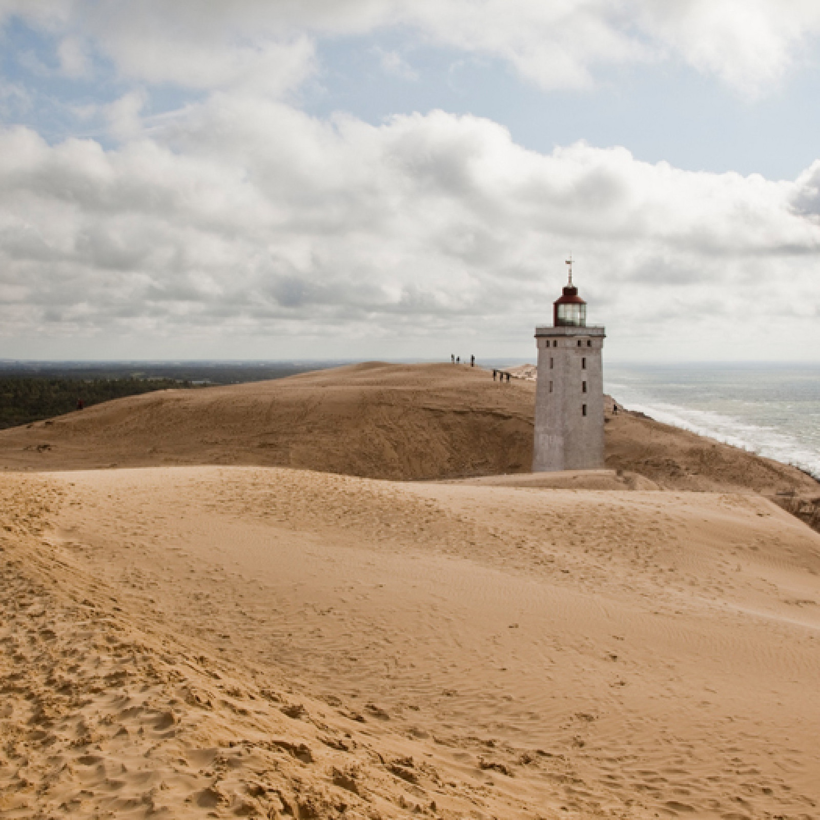 Dünenlandschaft am Meer mit weißem Leuchtturm