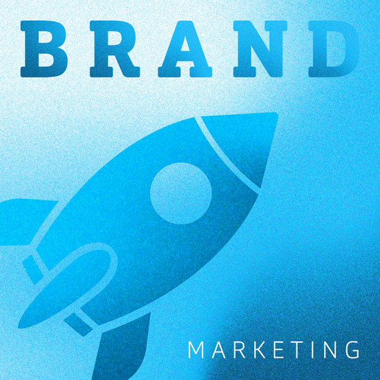 Blaue Grafik mit dem Schriftzug Brand Marketing und der Silhouette einer Rakete