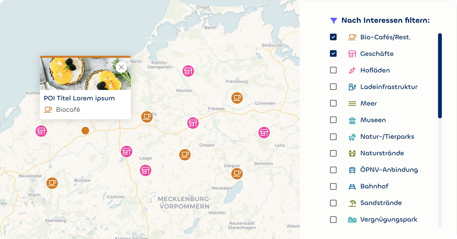 Eine Karte von Mecklenburg-Vorpommern mit Ortsmarkierungen.