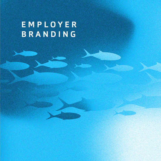 Fischschwarm auf blauem Hintergrund mit Schriftzug Employer Branding